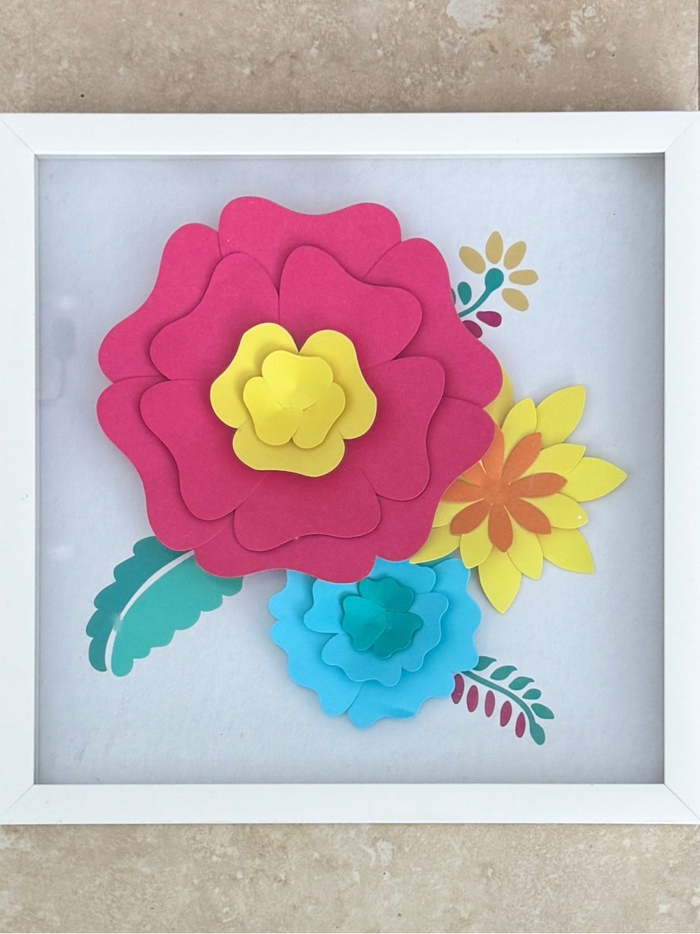 Framed 3D Paper Flower Wall Art - Pink, Yellow, Blue